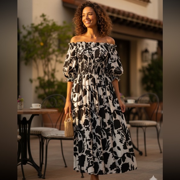 Elegant Cynthia Rowley Maren NWT Silk Black and White Off-Shoulder Maxi Dress. M - Picture 1 of 16